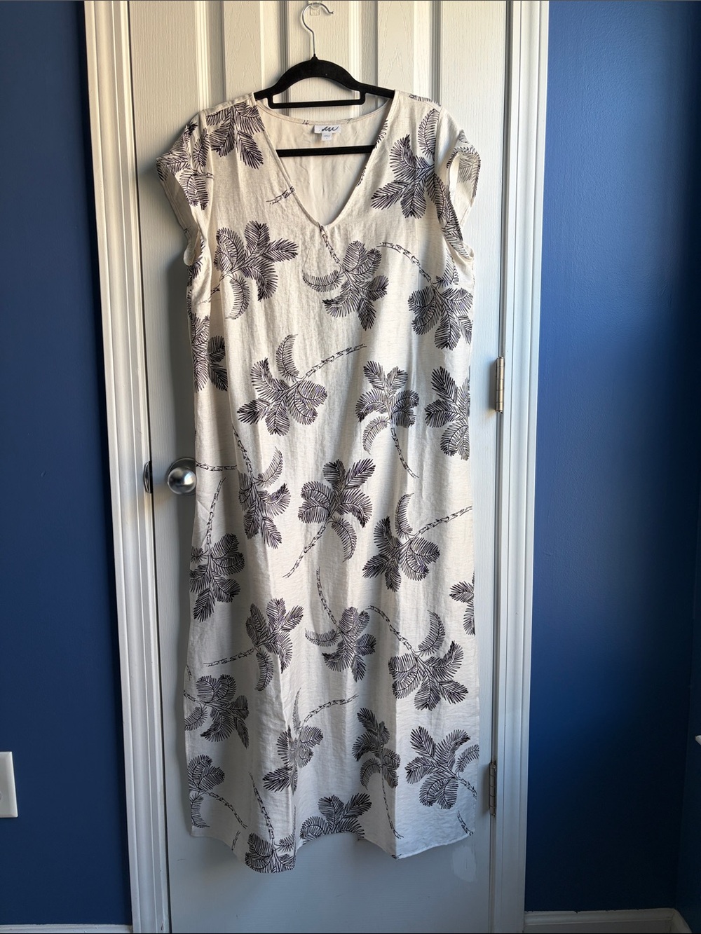 J. Jill Tropical Palm-Printed Maxi Dress Size Large Black Ivory Resort Vacation